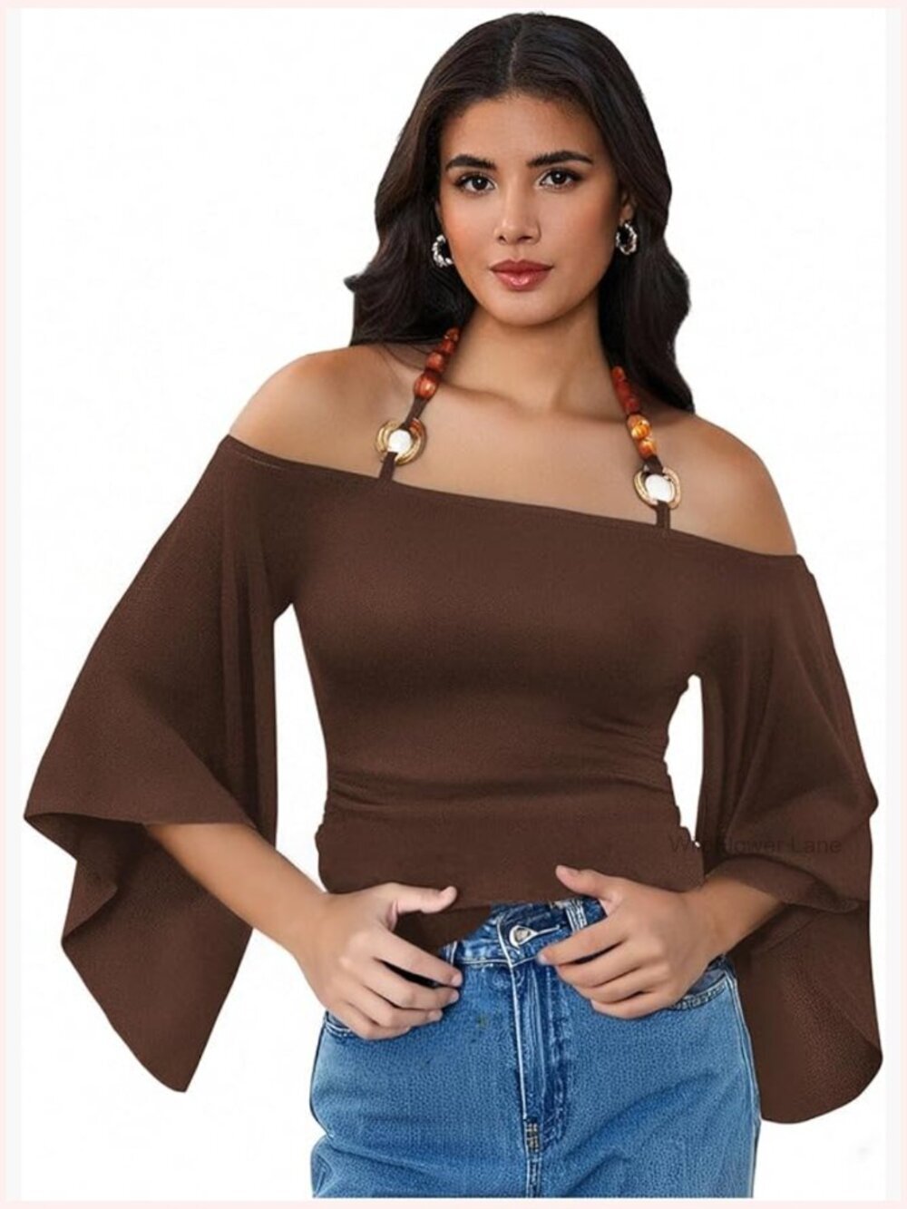 Off Shoulder Halter T Shirt Ruched Bell Sleeve Vintage Going Out Top